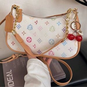 Multicolor Monogram Print Shoulder Bag with Cherry Charm
